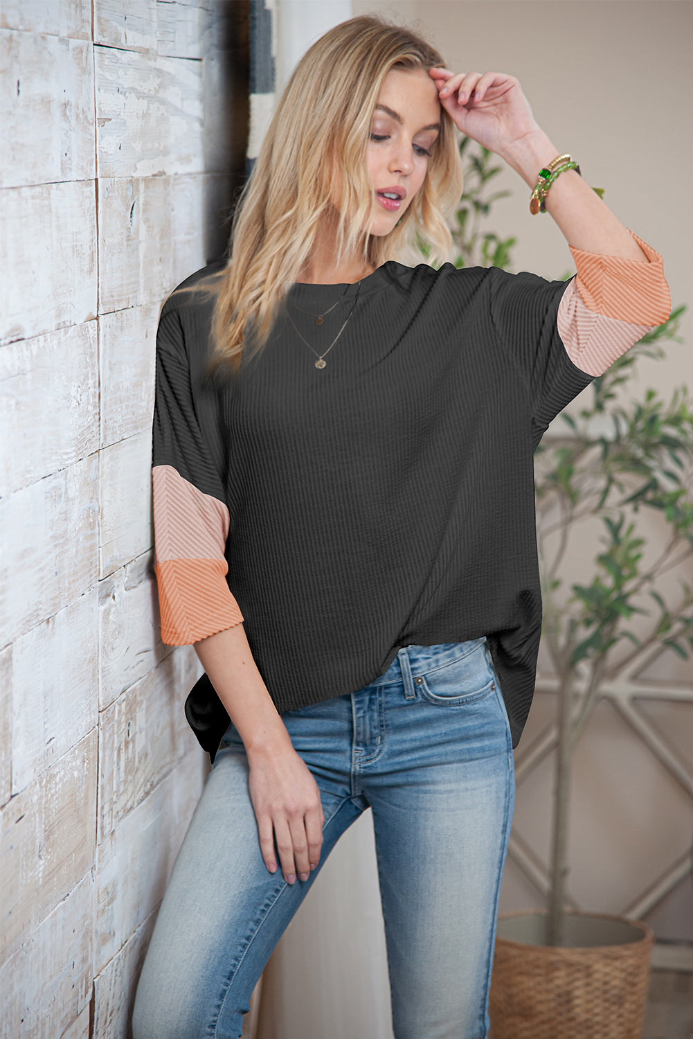 Carbon Grey Color Block Ribbed Knit Quarter Sleeve Top Tops & Tees JT's Designer Fashion