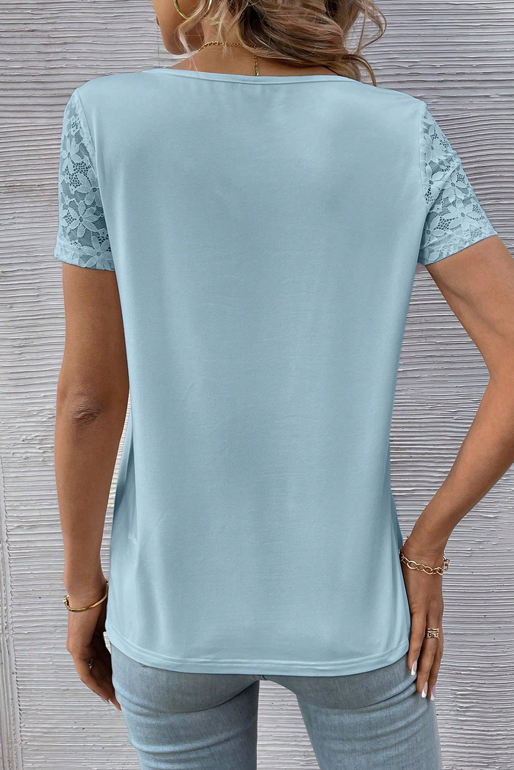 Mist Blue Contrast Lace V-Neck Patchwork Sleeve Casual T-Shirt Pre Order Tops JT's Designer Fashion