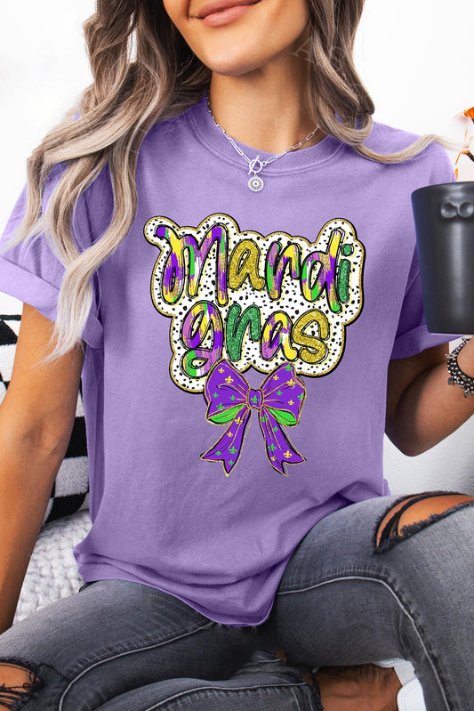 Wisteria mardi gras Bow Printed Crewneck Holiday T Shirt Graphic Tees JT's Designer Fashion