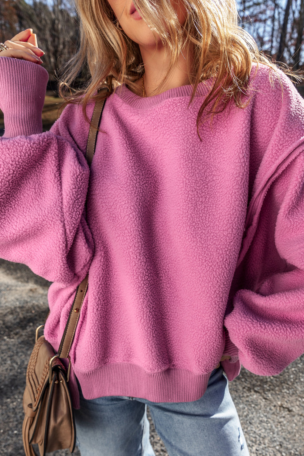 Bright Pink Sherpa Seamed Drop Shoulder Oversized Sweatshirt Sweatshirts & Hoodies JT's Designer Fashion