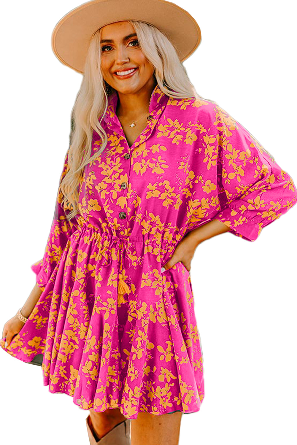 Pink Floral Print Drawstring Tunic Flowy Short Dress Floral Dresses JT's Designer Fashion