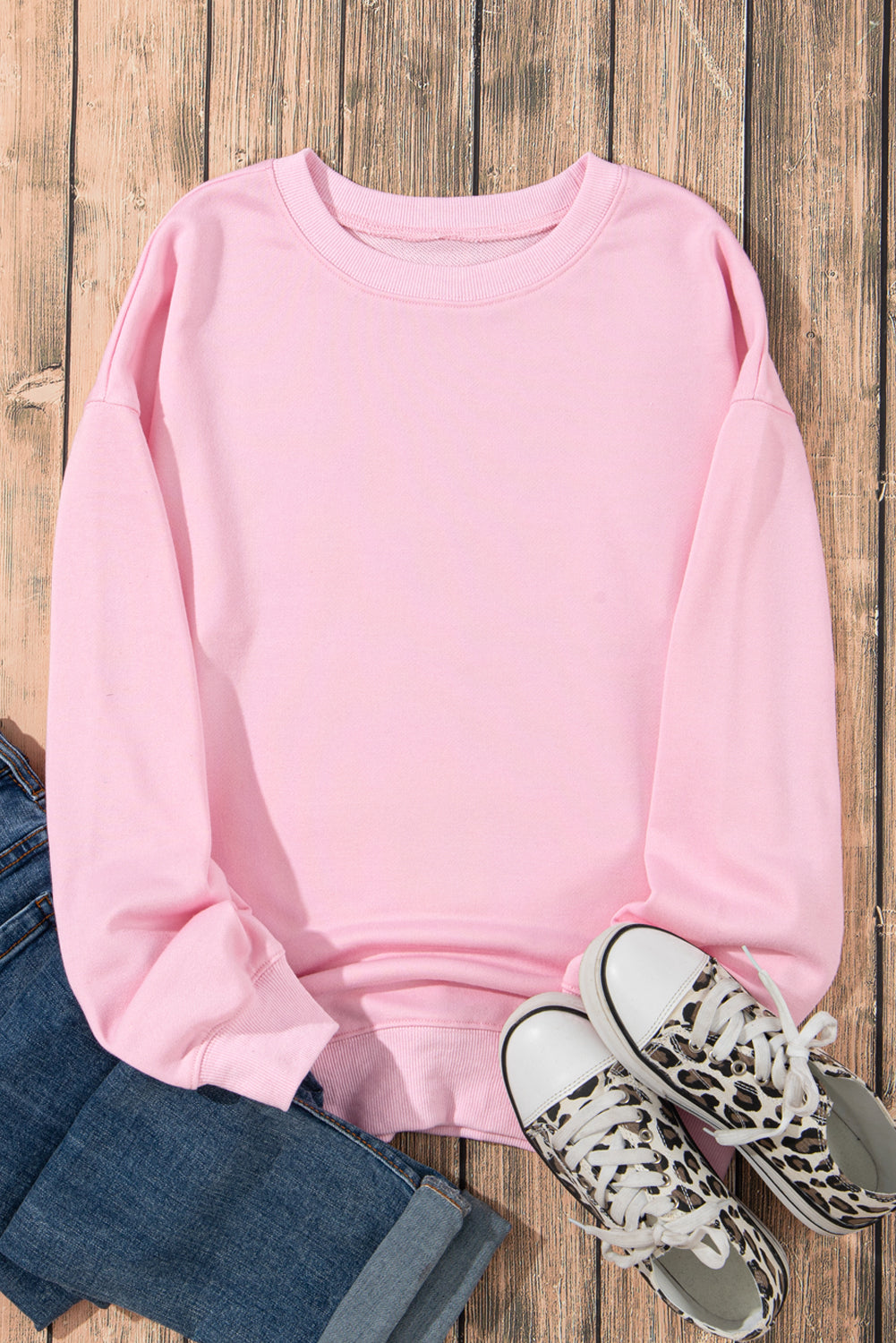 Pink Plain Crew Neck Pullover Sweatshirt Sweatshirts & Hoodies JT's Designer Fashion