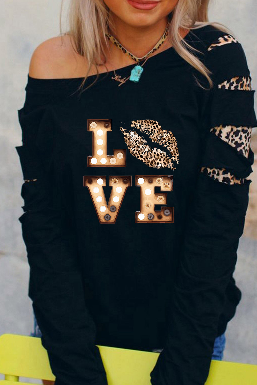 Valentine LOVE Leopard Print Cut-out Long Sleeve Sweatshirt Graphic Sweatshirts JT's Designer Fashion