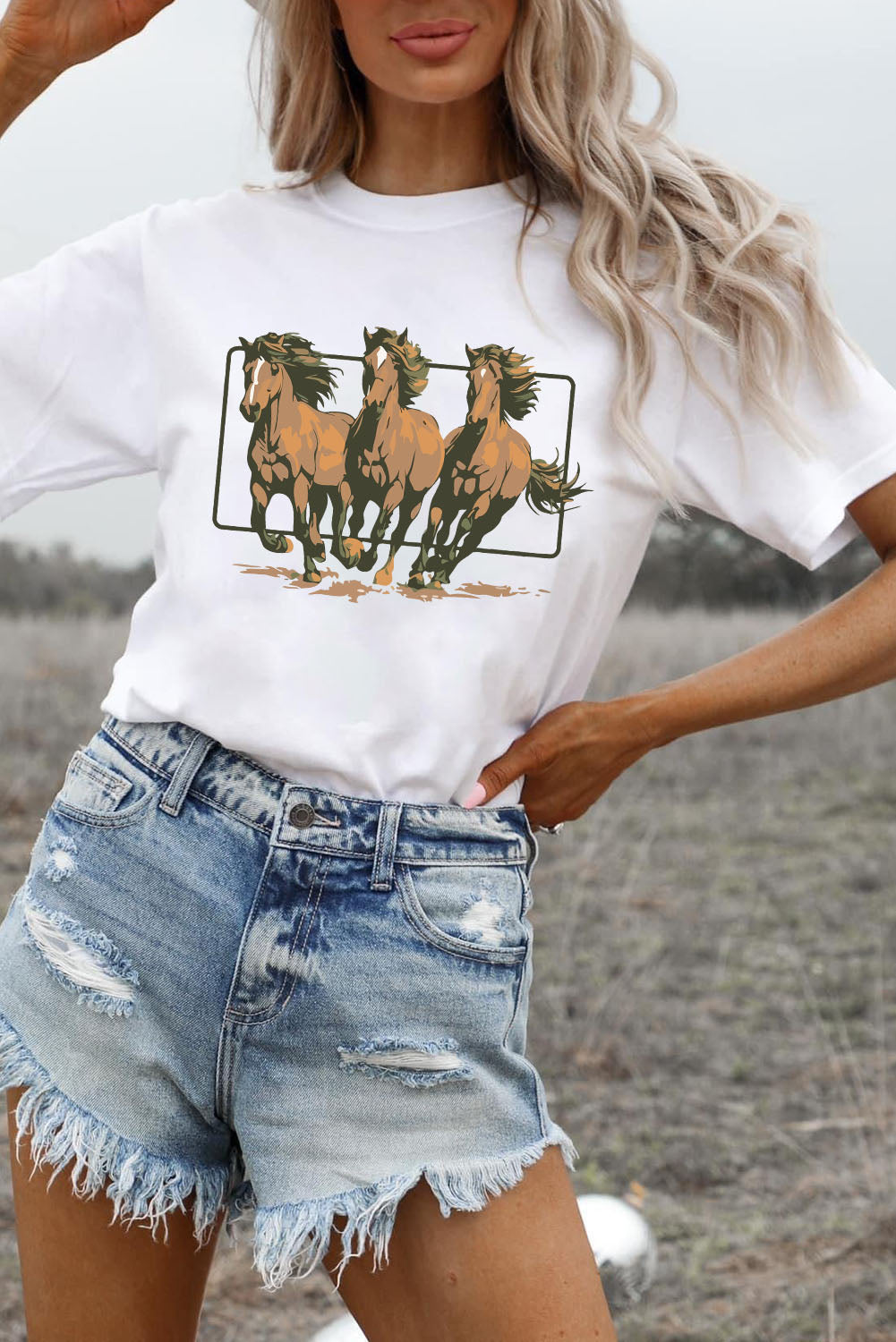 White Texas Horse Graphic Cuffed Sleeve Graphic T Shirt Graphic Tees JT's Designer Fashion