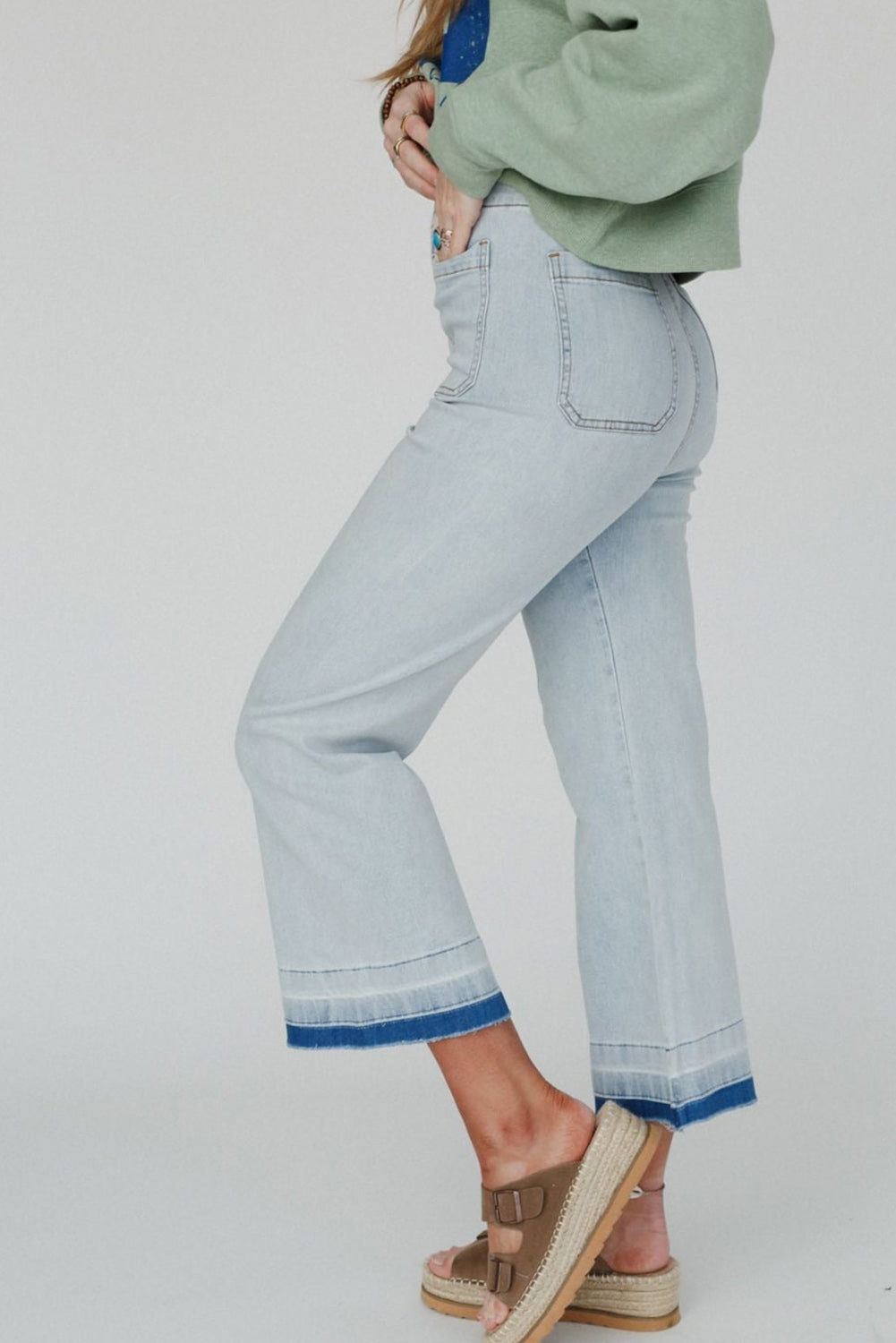 Beau Blue Acid Wash Contrast Edge Pocketed Cropped Jeans Pre Order Bottoms JT's Designer Fashion