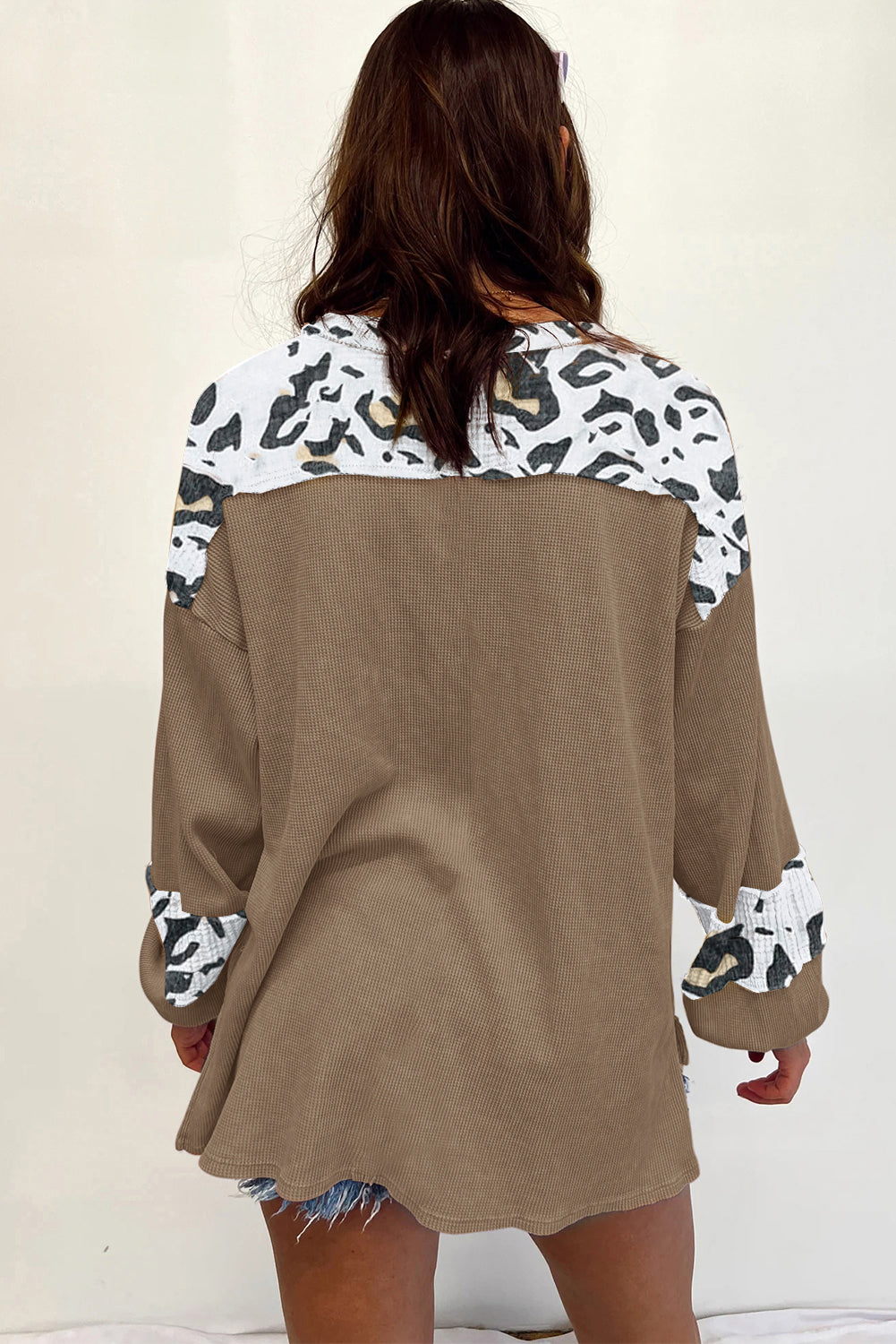 Chestnut Leopard Patchwork Chest Pocket Corded Henley Top Blouses & Shirts JT's Designer Fashion