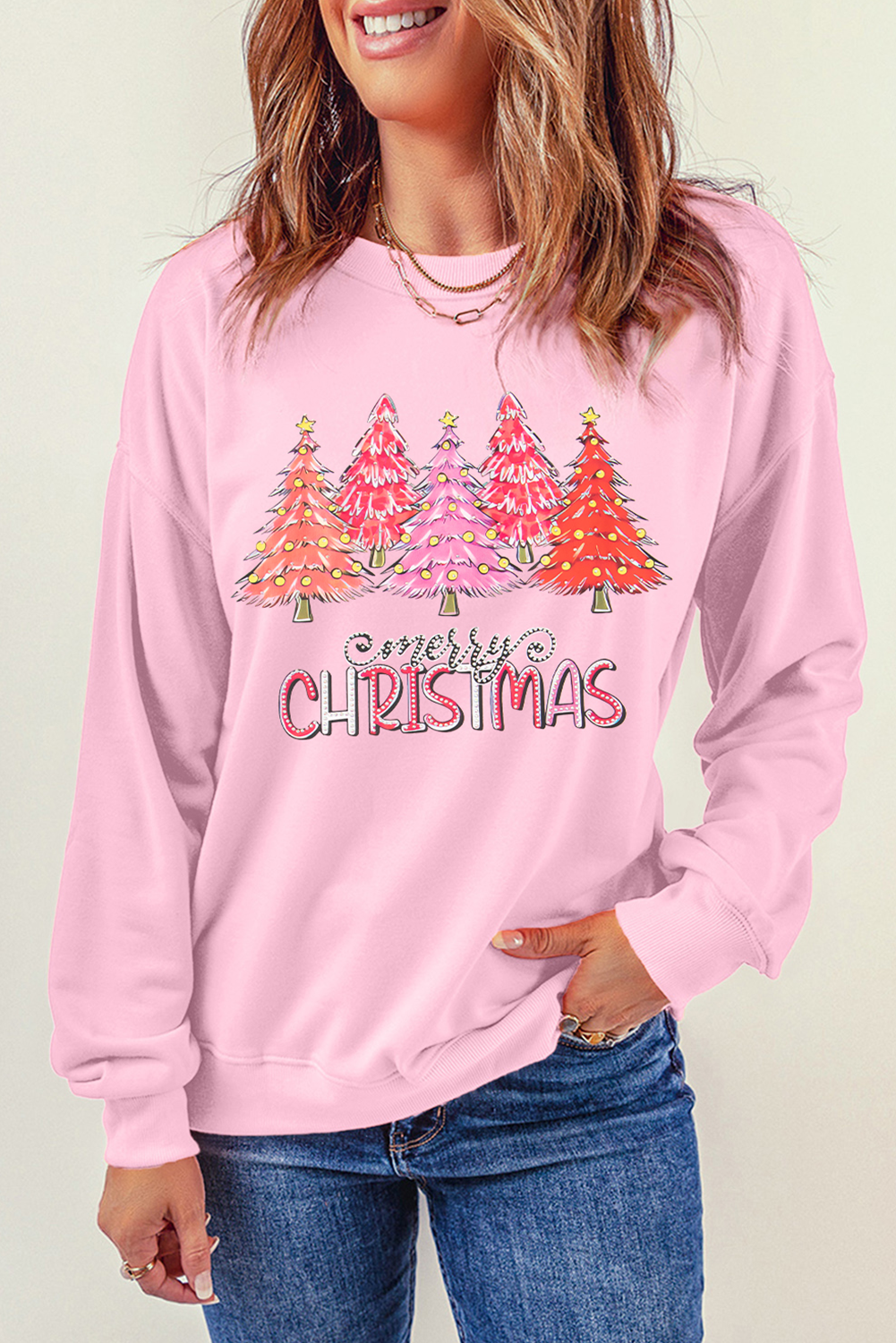 Pink Rhinestone Merry CHRISTMAS Christmas Tree Graphic Sweatshirt Graphic Sweatshirts JT's Designer Fashion