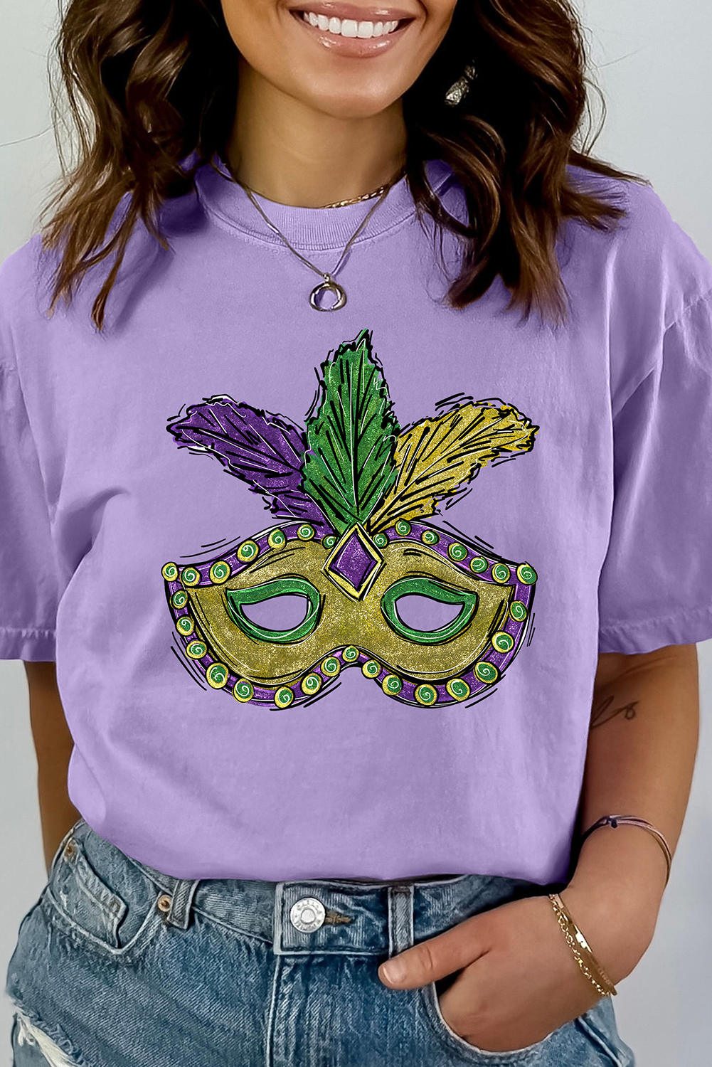 Wisteria Mardi Gras Mask Graphic Crew Neck Festival T Shirt Graphic Tees JT's Designer Fashion