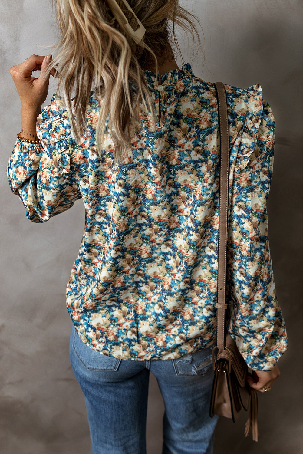 Sky Blue Floral Print Frilled Mock Neck Puff Sleeve Blouse Blouses & Shirts JT's Designer Fashion