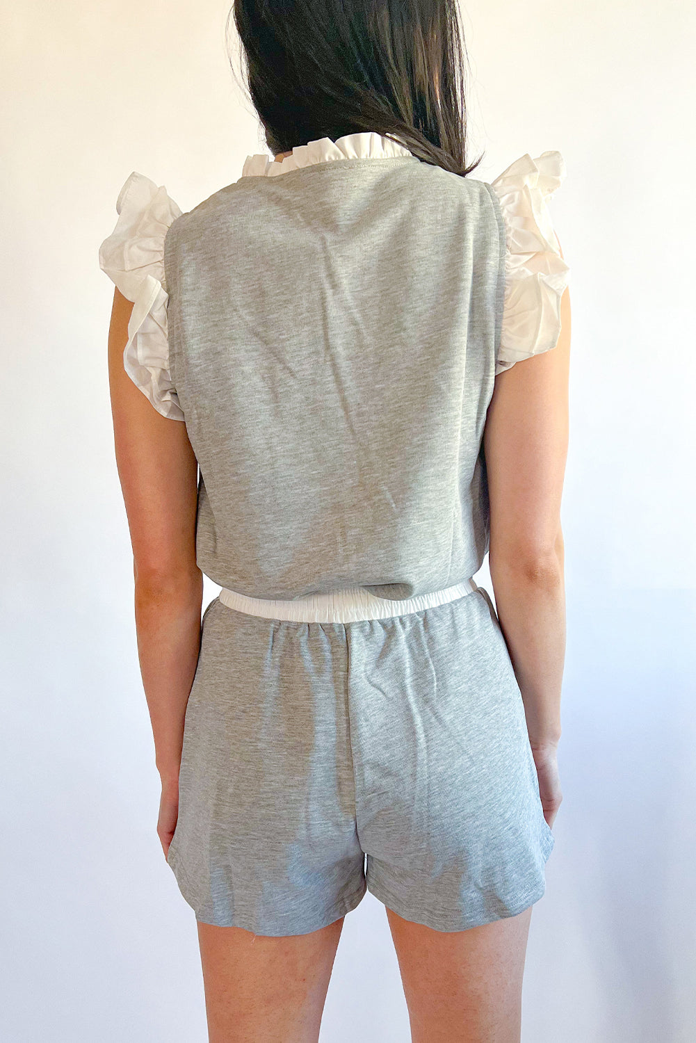 Gray Color Block Ruffled Top and Drawstring Shorts Set Bottoms JT's Designer Fashion