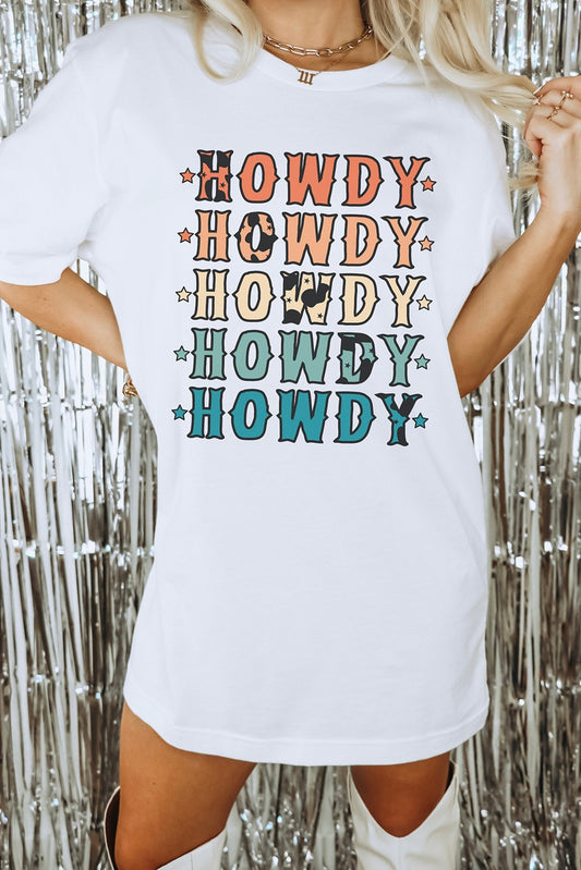 White HOWDY Stars Print Crew Neck Loose Fit T Shirt Graphic Tees JT's Designer Fashion