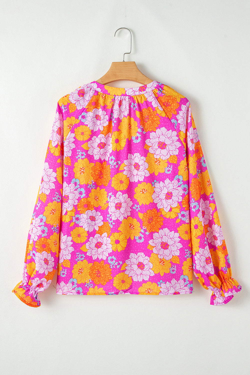 Rose Floral Print Flounce Sleeve Notched Neck Blouse Blouses & Shirts JT's Designer Fashion