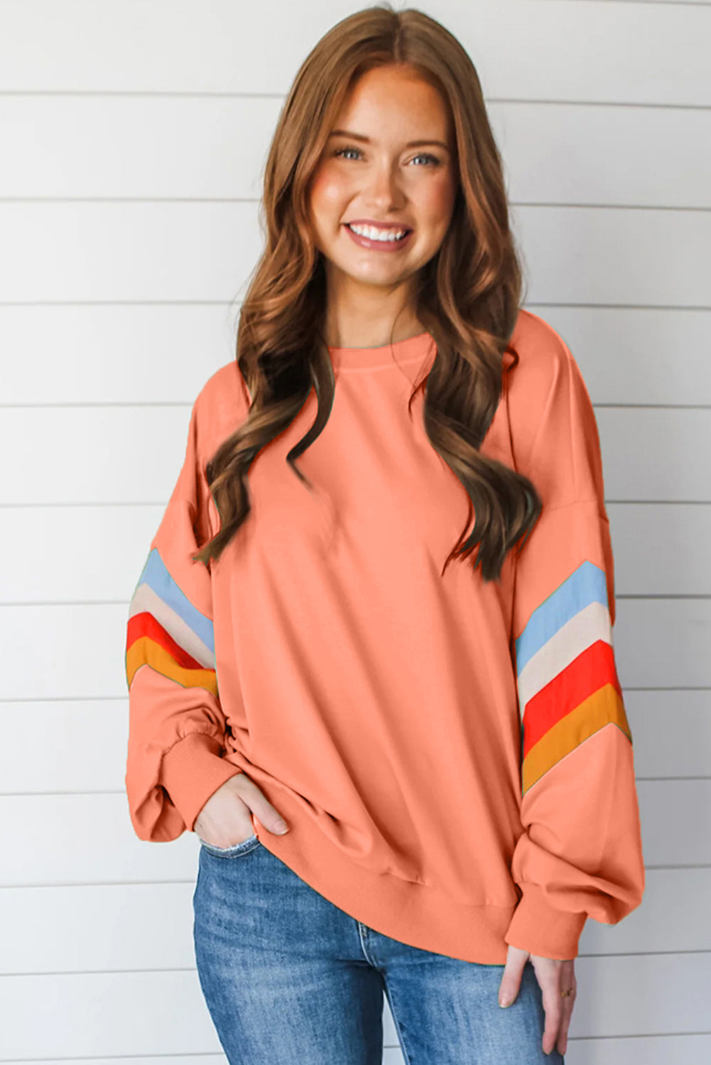 Flamingo Rainbow Striped Sleeve Crew Neck Loose Sweatshirt Sweatshirts & Hoodies JT's Designer Fashion