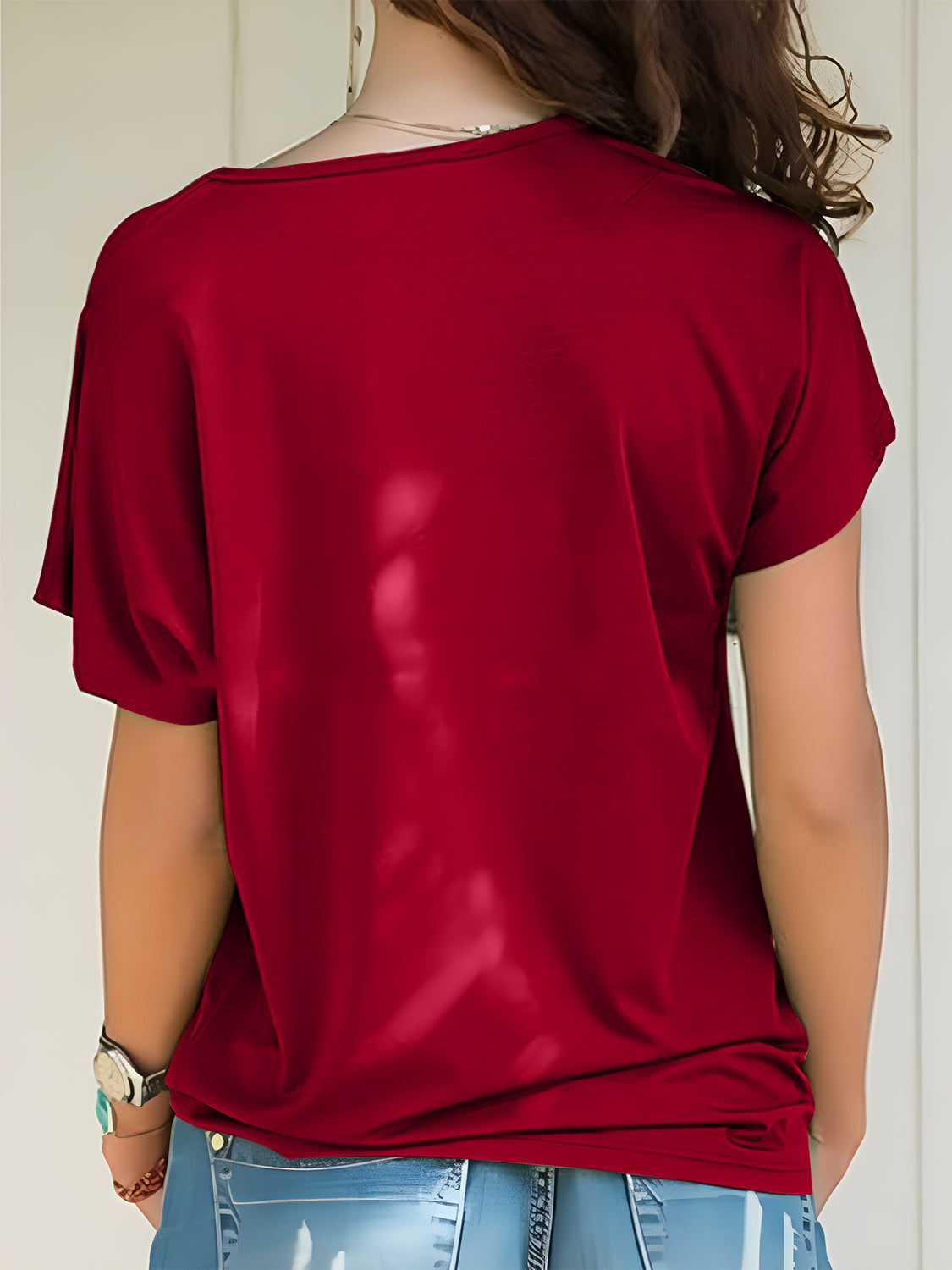 Asymmetrical Neck Short Sleeve T-Shirt Burgundy Blouses & Shirts JT's Designer Fashion