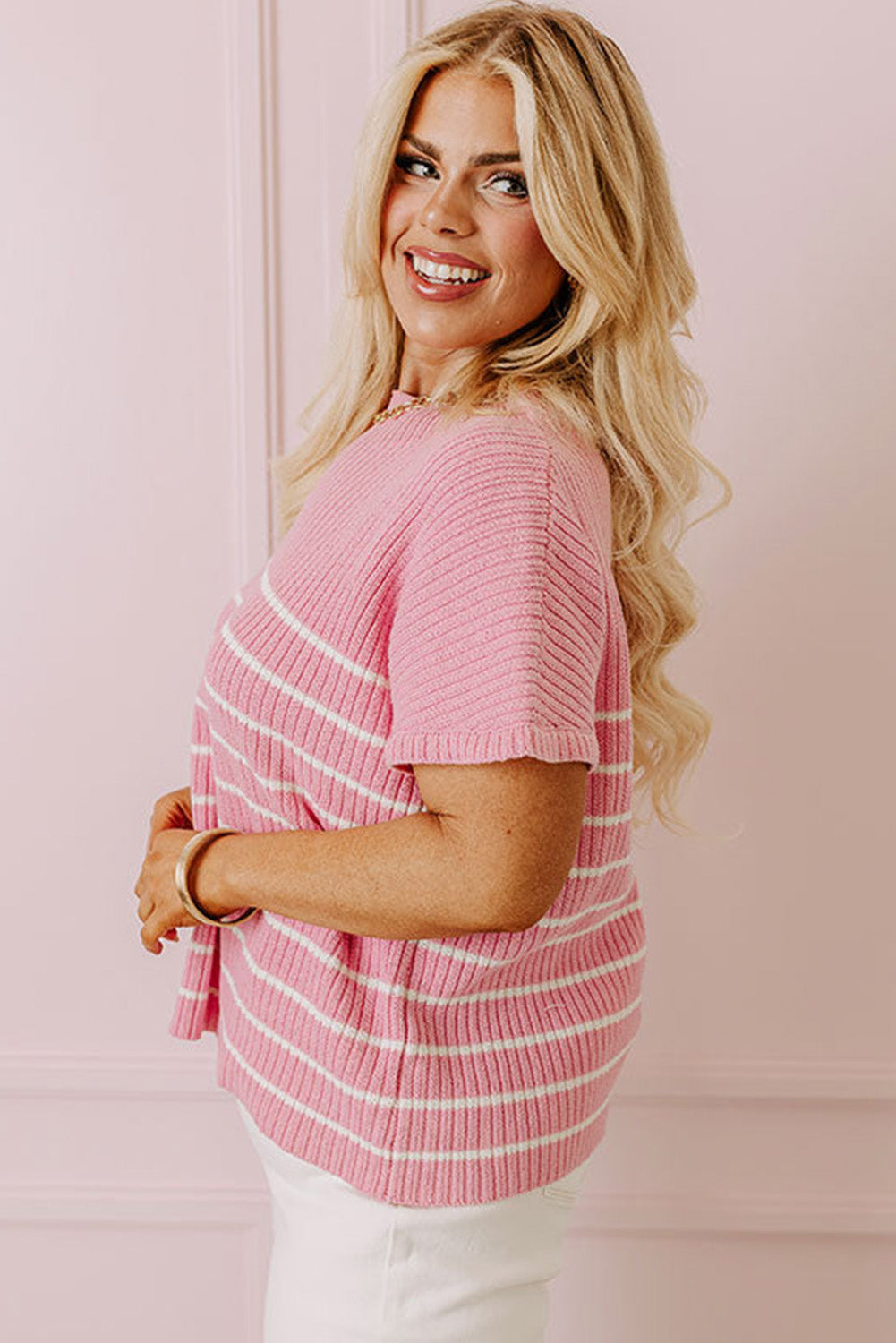 Pink Stripe Ribbed Loose Plus T Shirt Plus Size JT's Designer Fashion