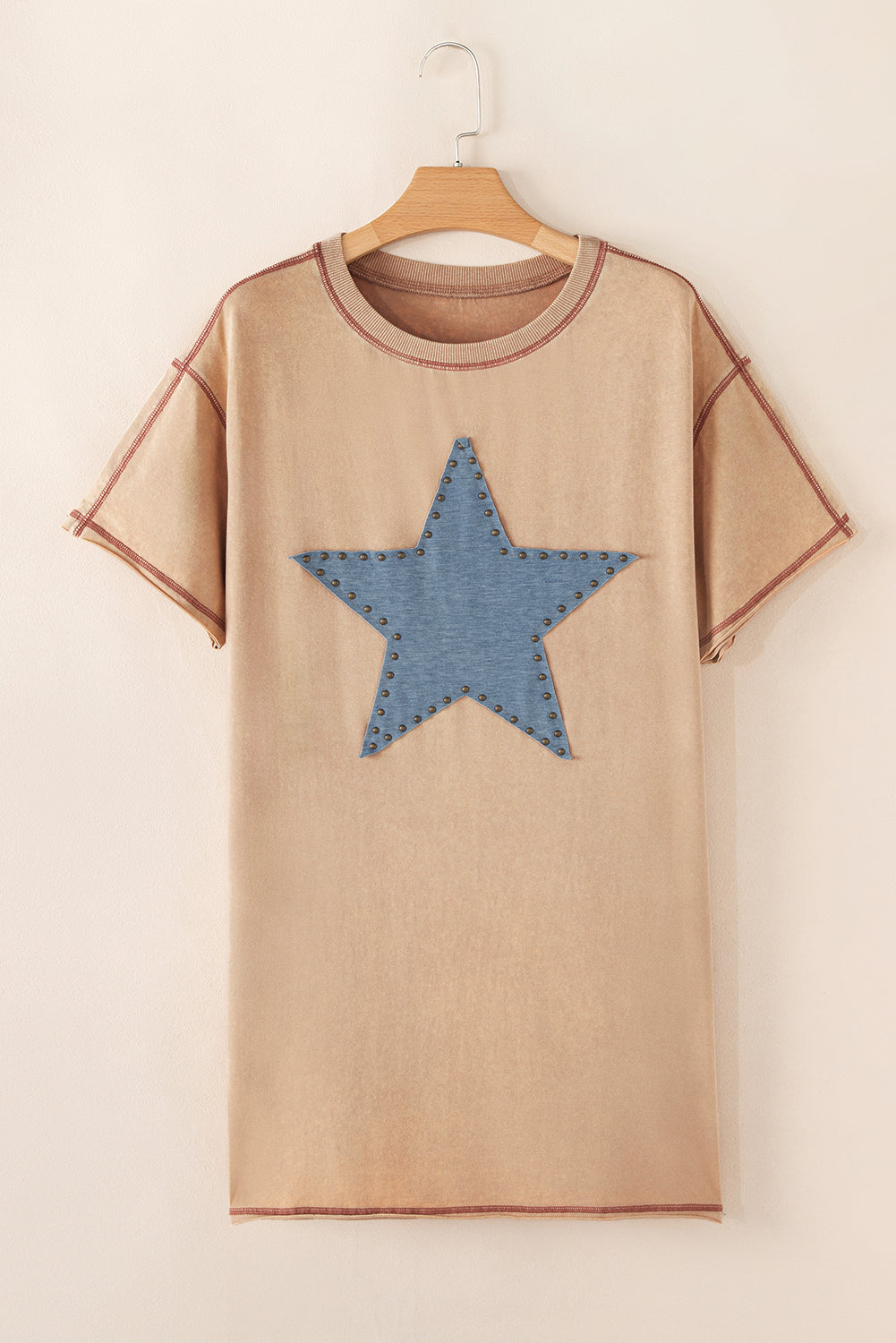 Pale Khaki Mineral Wash Stud Beaded Star Graphic Pocketed T Shirt Dress T Shirt Dresses JT's Designer Fashion
