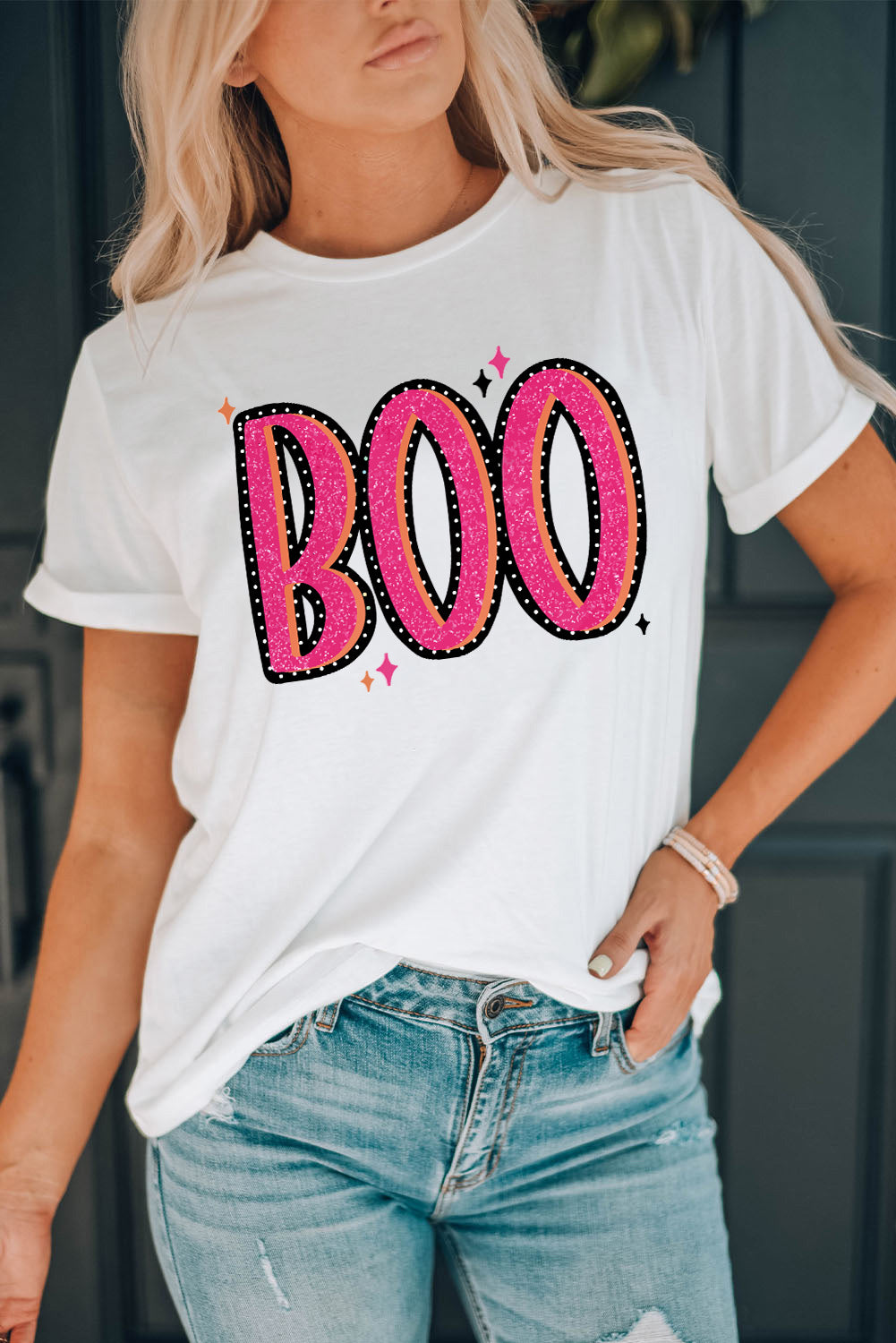 White BOO Crew Neck Graphic T Shirt Graphic Tees JT's Designer Fashion