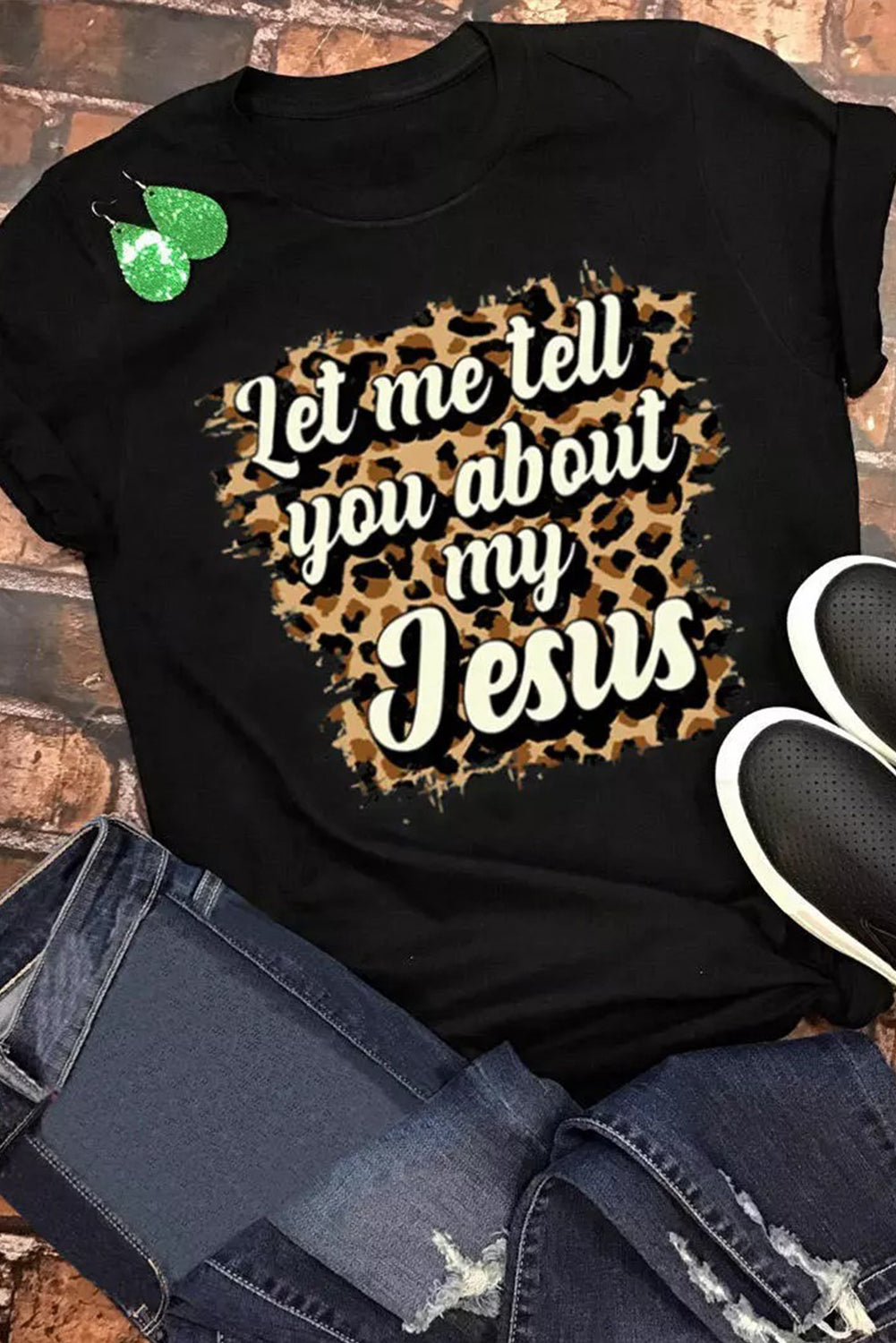 Black Let Me Tell You About My Jesus Leopard Graphic Tee Graphic Tees JT's Designer Fashion