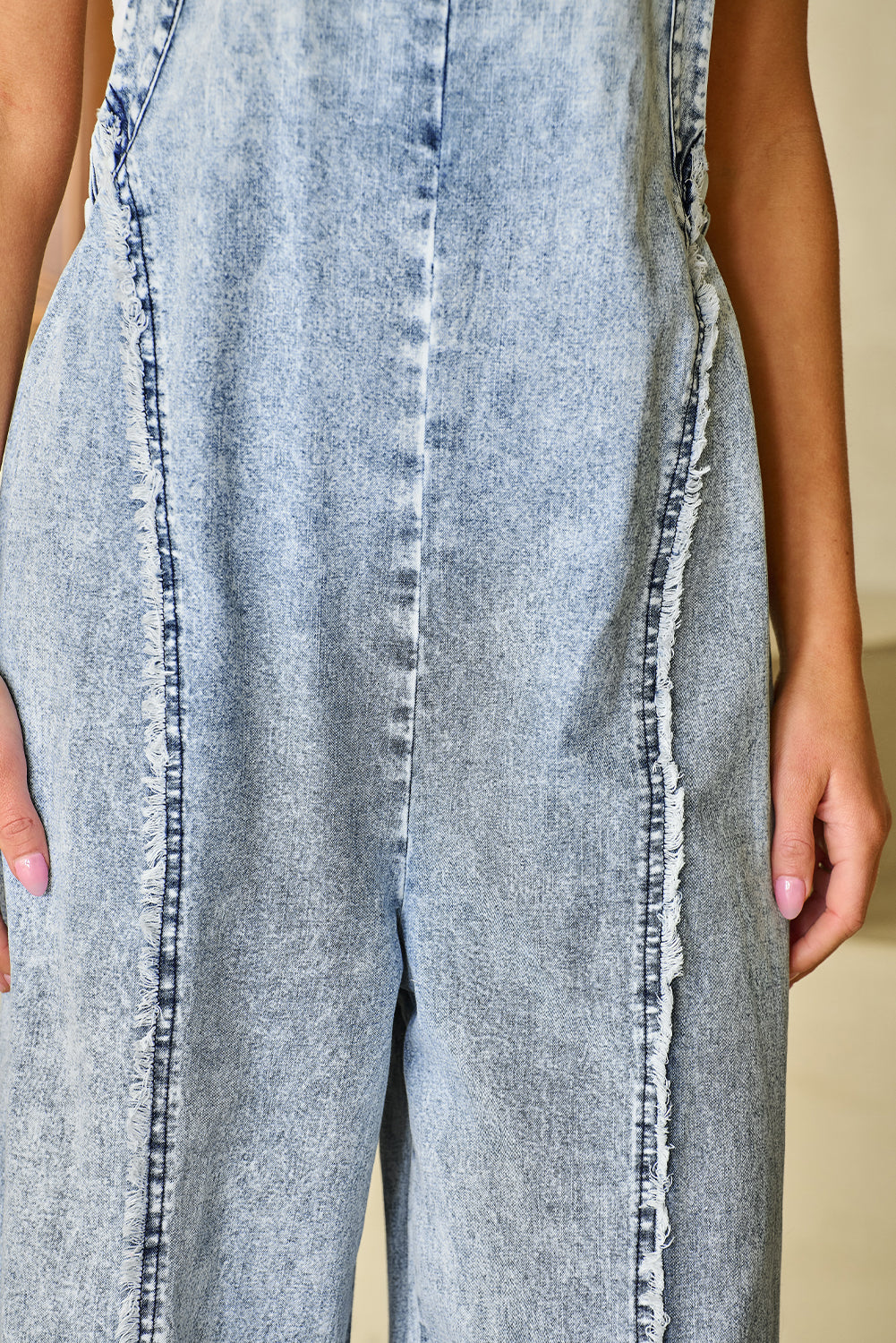 Beau Blue Light Wash Frayed Exposed Seam Wide Leg Denim Overall Jumpsuits & Rompers JT's Designer Fashion