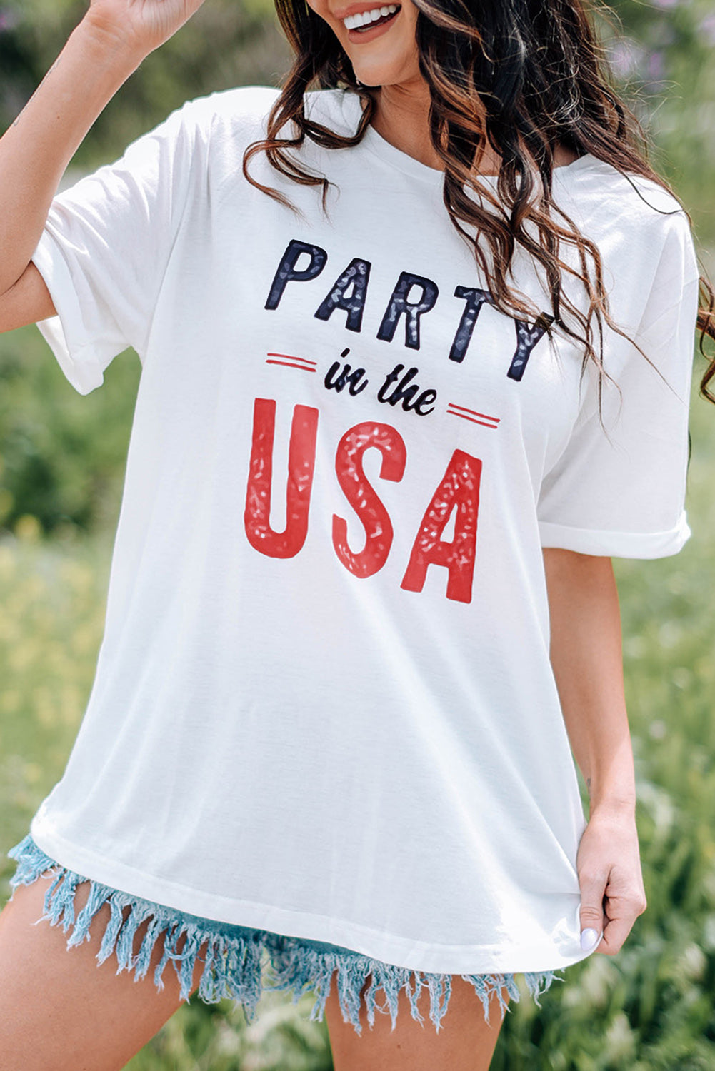 White PARTY In The USA Graphic Crew Neck T Shirt White 95%Polyester+5%Spandex Graphic Tees JT's Designer Fashion