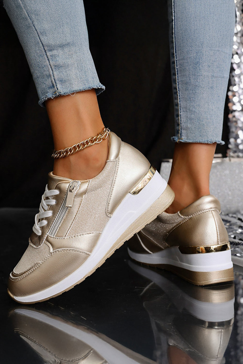 Gold Leather Patchwork Zipper Lace-up Sneakers Women's Shoes JT's Designer Fashion