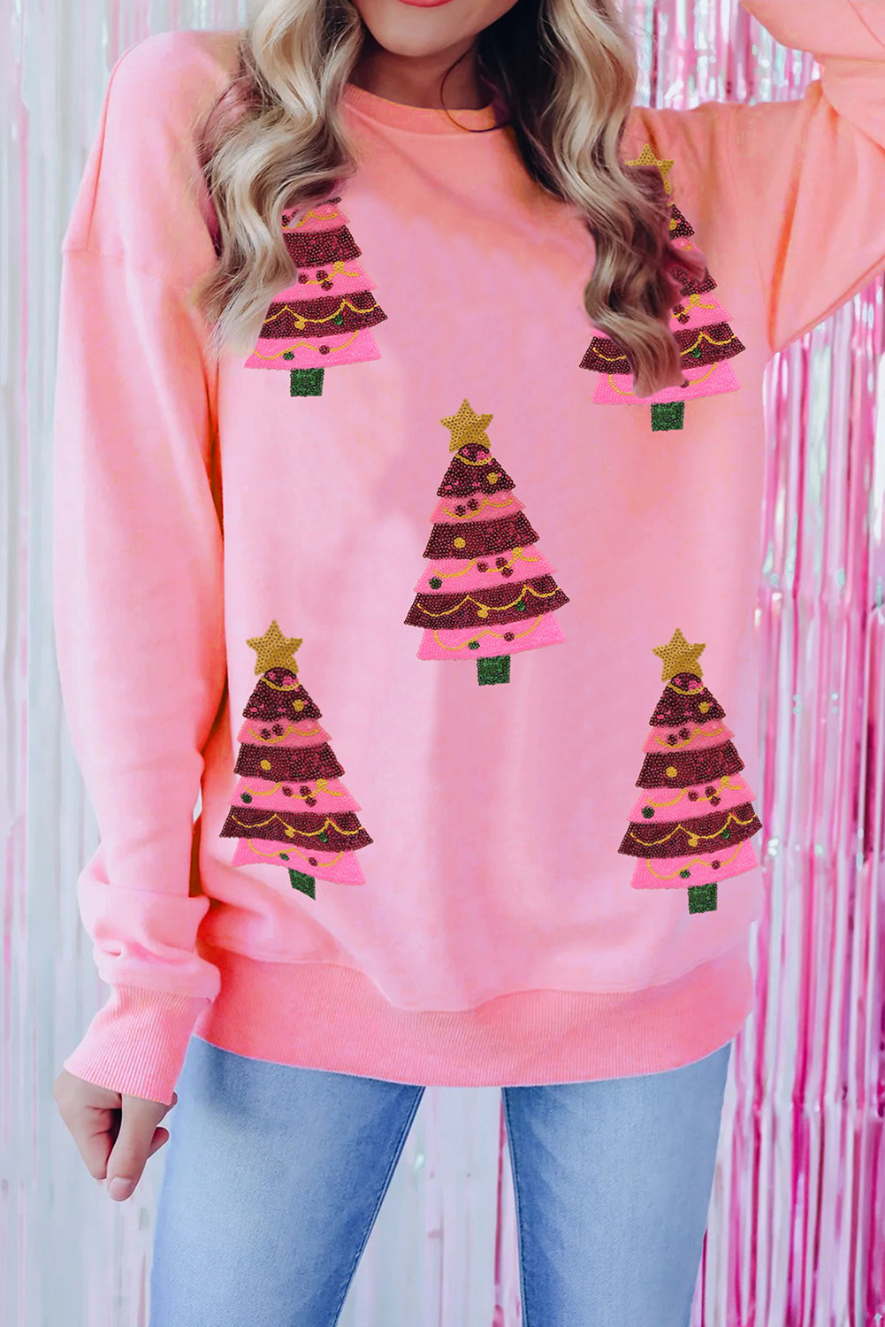 Pink Sequin Christmas Tree Graphic Drop Shoulder Sweatshirt Graphic Sweatshirts JT's Designer Fashion