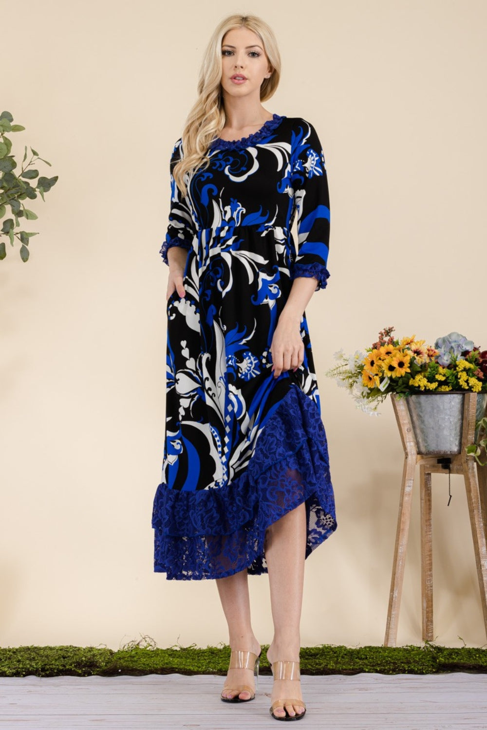 Celeste Full Size Paisley Print Lace Ruffled Midi Dress Midi Dresses JT's Designer Fashion