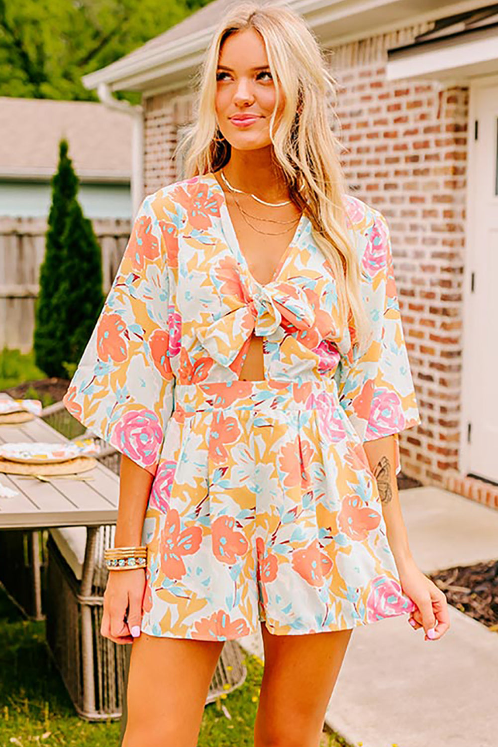 Orange Blooming Floral Print Front Tie Romper Jumpsuits & Rompers JT's Designer Fashion