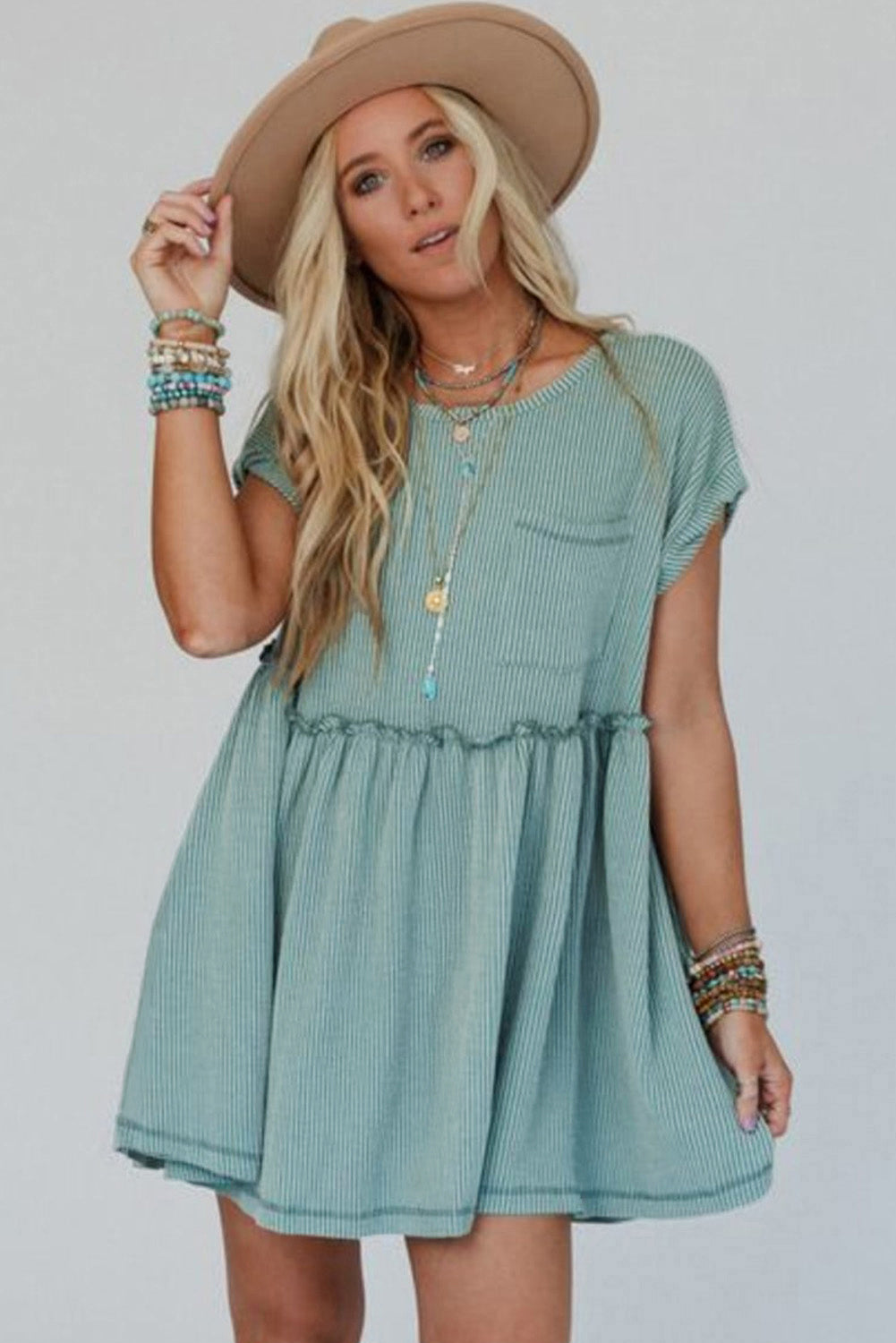 Canton Corded Knit Textured Patched Pocket Frilled Swing Mini Dress with Pockets Mini Dresses JT's Designer Fashion