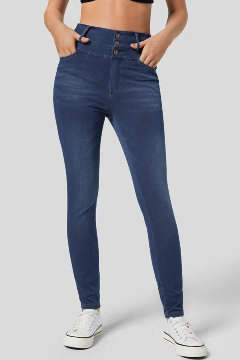 Navy Blue Button Fly High Waist Skinny Fit Jeans Bottoms JT's Designer Fashion