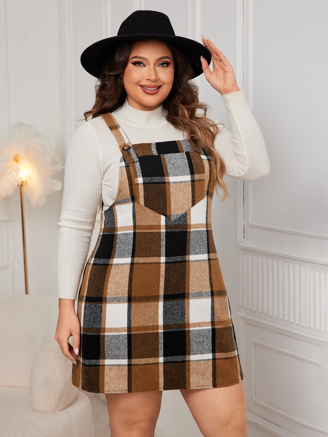 Plus Size Plaid Wide Strap Overall Dress Mini Dresses JT's Designer Fashion