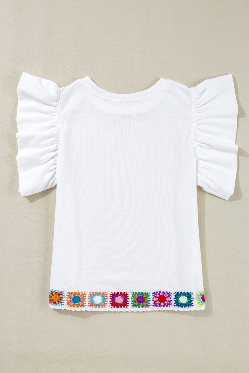 White Floral Crochet Patched Ruffled Sleeve Crewneck Blouse Blouses & Shirts JT's Designer Fashion