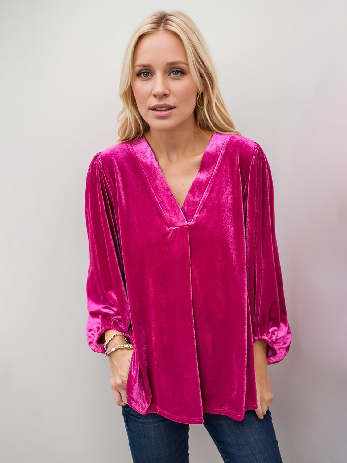 V-Neck Three-Quarter Sleeve Blouse Cerise Long Sleeve Tops JT's Designer Fashion