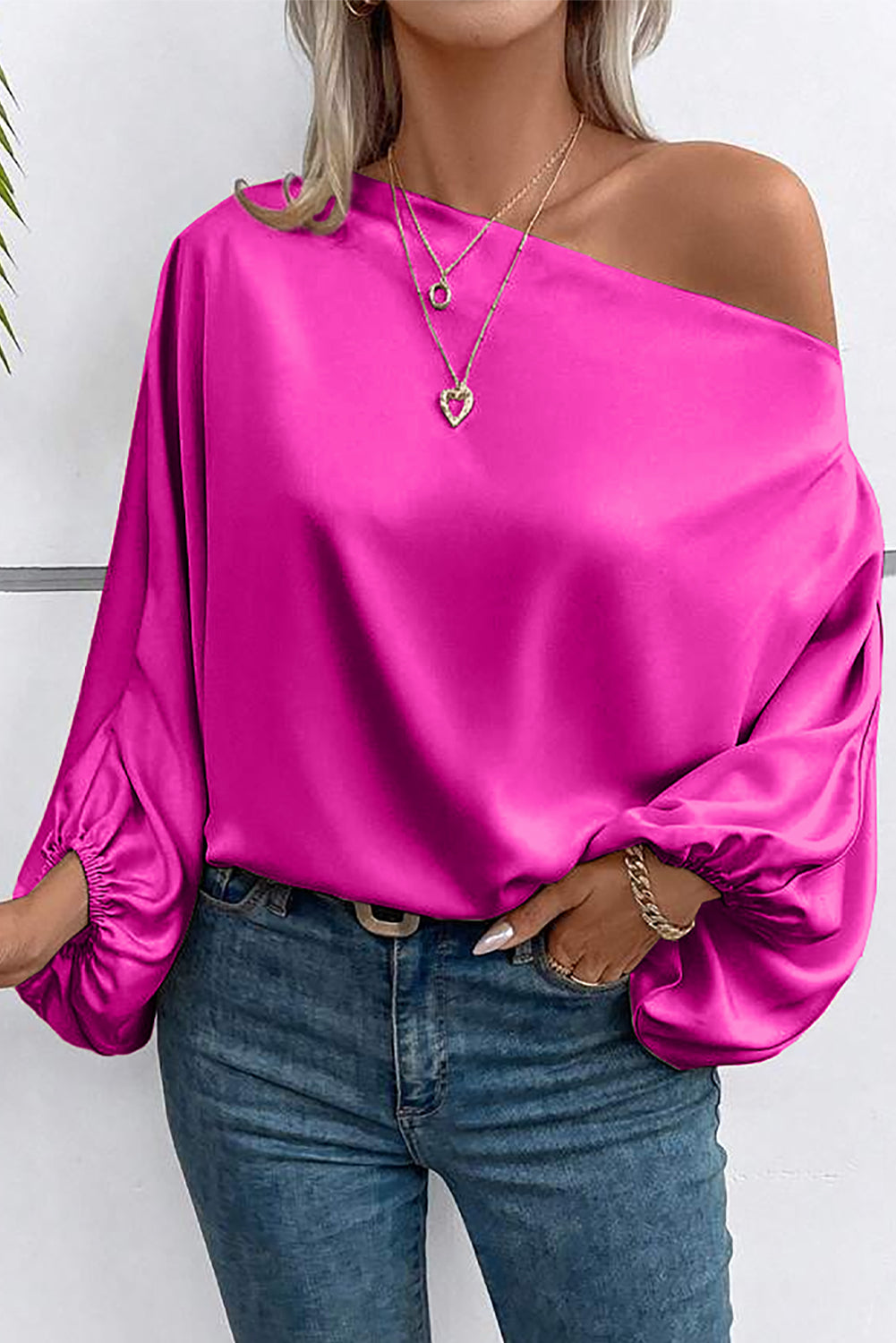 Bright Pink One Shoulder Asymmetrical Neck Balloon Sleeve Blouse Pre Order Tops JT's Designer Fashion