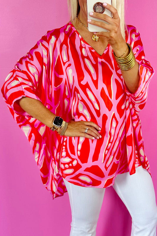 Red Abstract Print V Neck Batwing Sleeve Oversized Blouse Blouses & Shirts JT's Designer Fashion