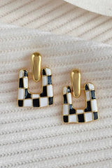 Black Checkered Pattern Square Shape Stud Dangle Earrings Jewelry JT's Designer Fashion