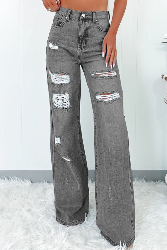 Dark Grey Light Wash Distressed High Waist Wide Leg Jeans Bottoms JT's Designer Fashion