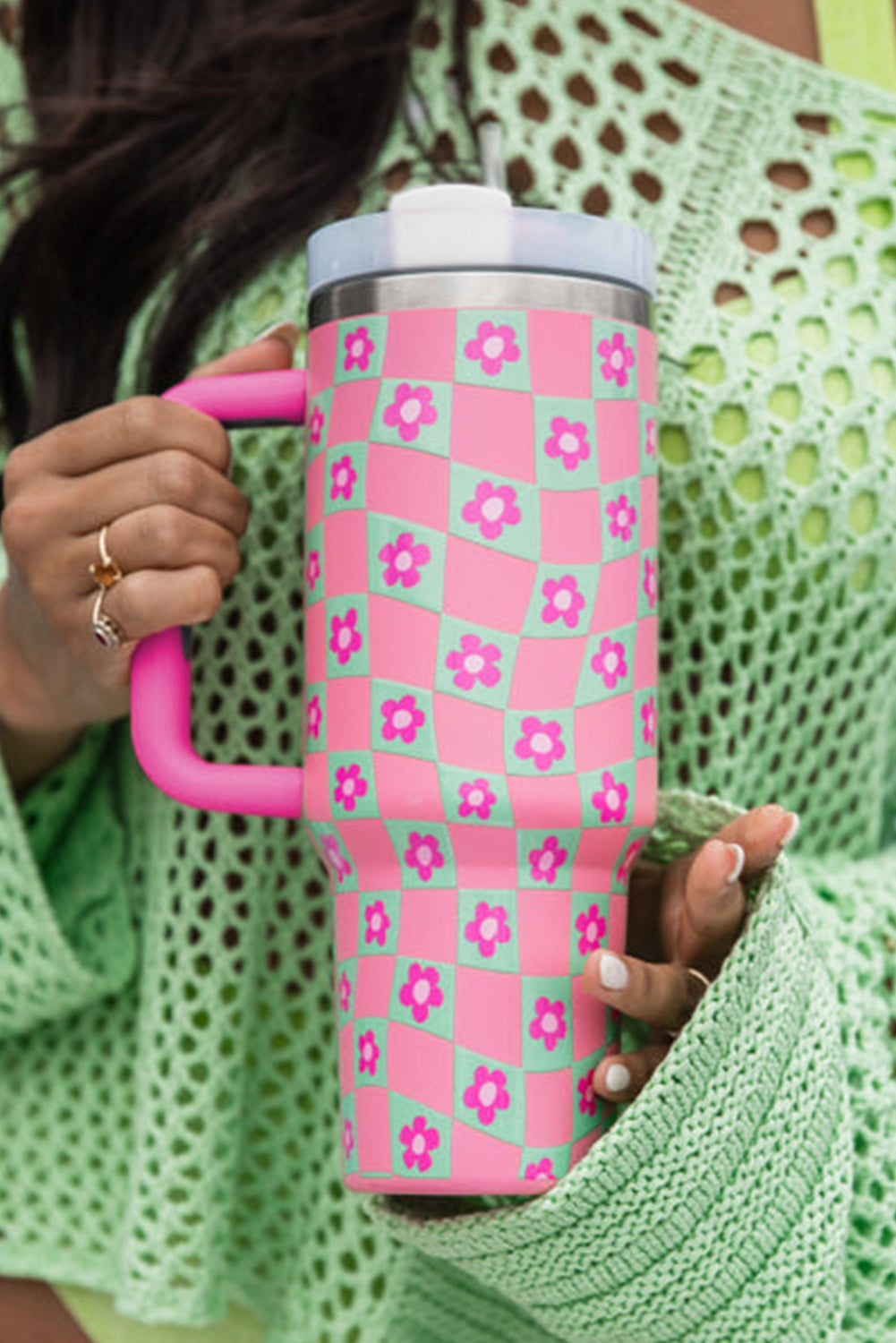 Bright Pink Flower Checkered Pattern Cup with Straw 40oz Tumblers JT's Designer Fashion