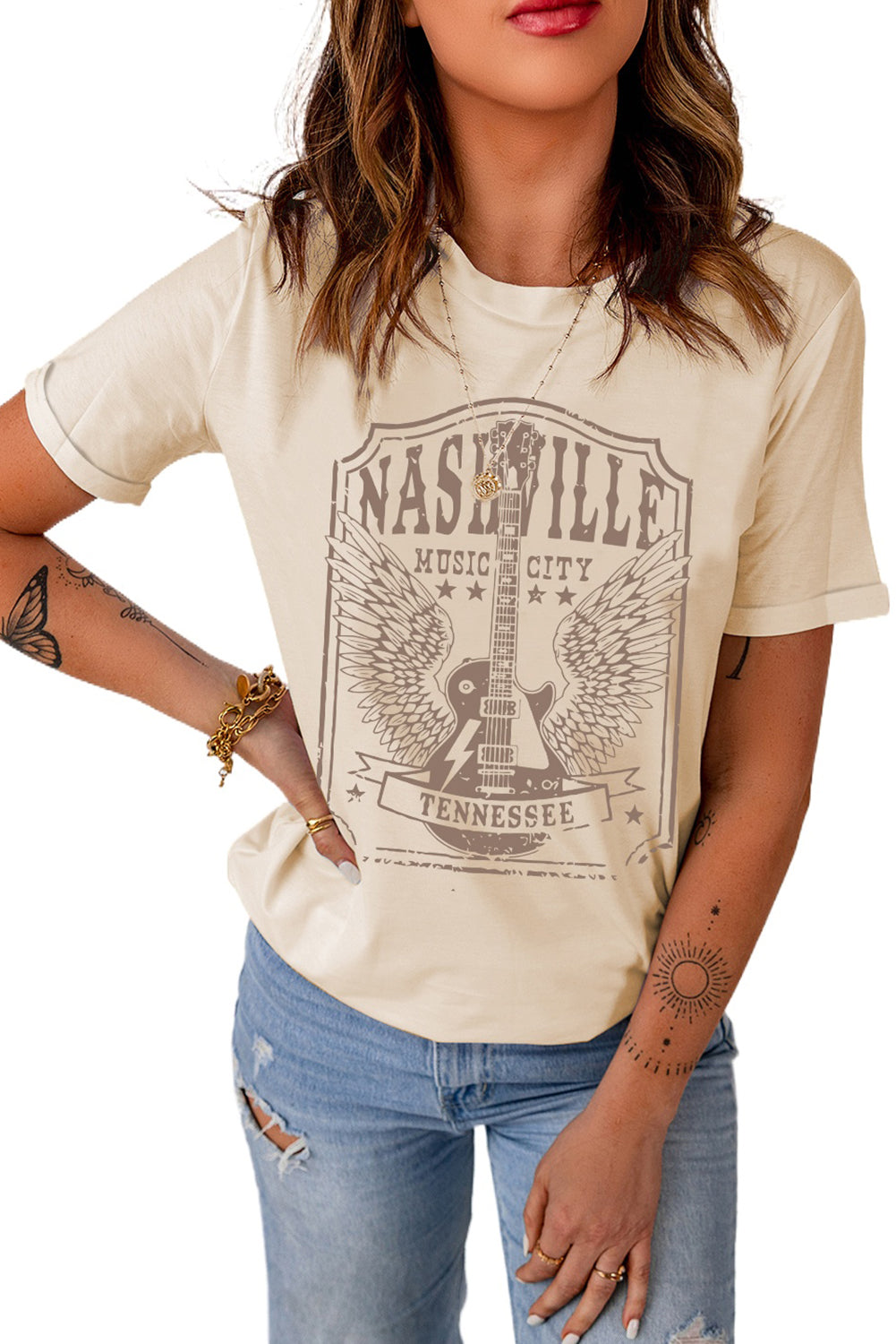 Khaki NASHVILLE MUSIC CITY Guitar Graphic T Shirt Graphic Tees JT's Designer Fashion