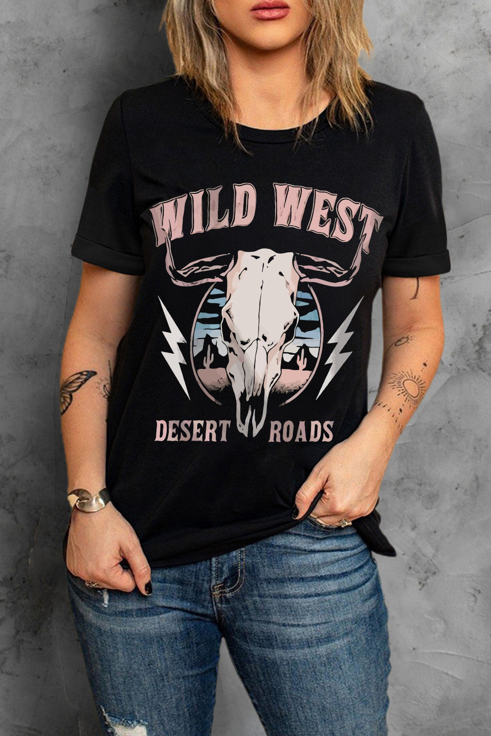 Black Wild West Desert Roads Steer Head Graphic Tee Graphic Tees JT's Designer Fashion