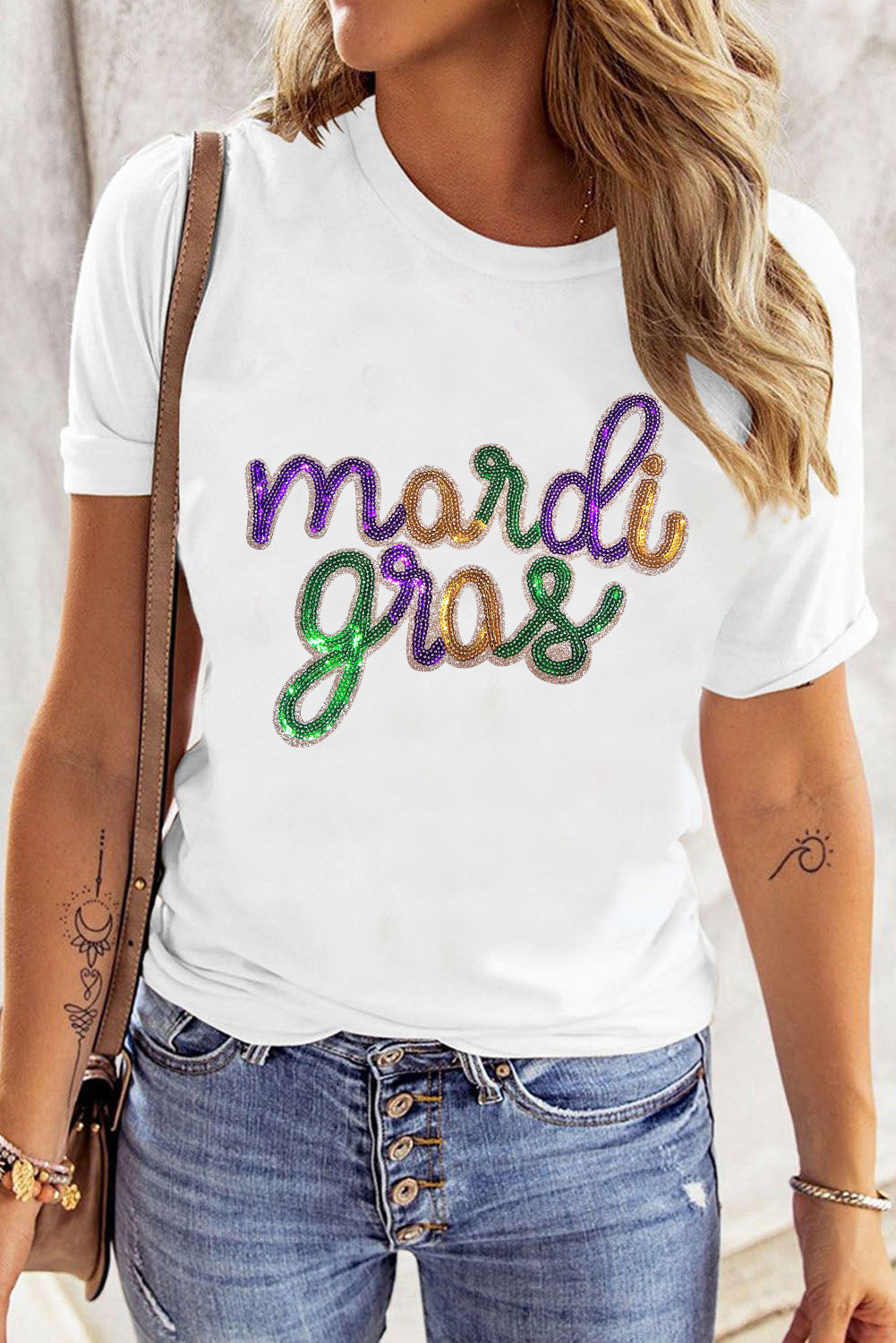 White Sequin mardi gras Graphic Plus Size T Shirt Graphic Tees JT's Designer Fashion