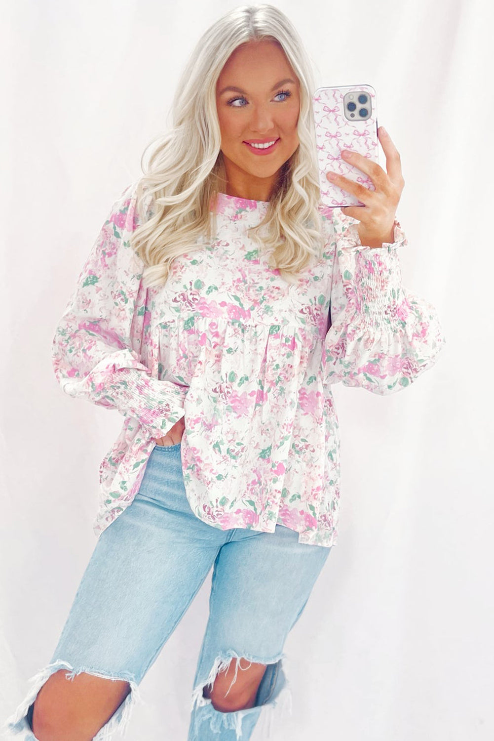 Pink Floral Print Shirred Balloon Sleeve Keyhole Back Babydoll Blouse Blouses & Shirts JT's Designer Fashion