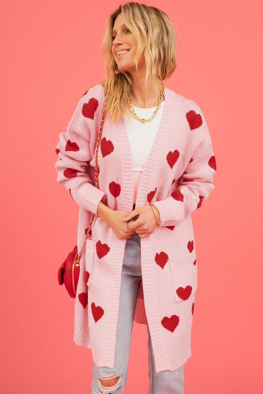 Light Pink Valentine's Day Heart Pattern Ribbed Trim Open Front Cardigan Sweaters & Cardigans JT's Designer Fashion