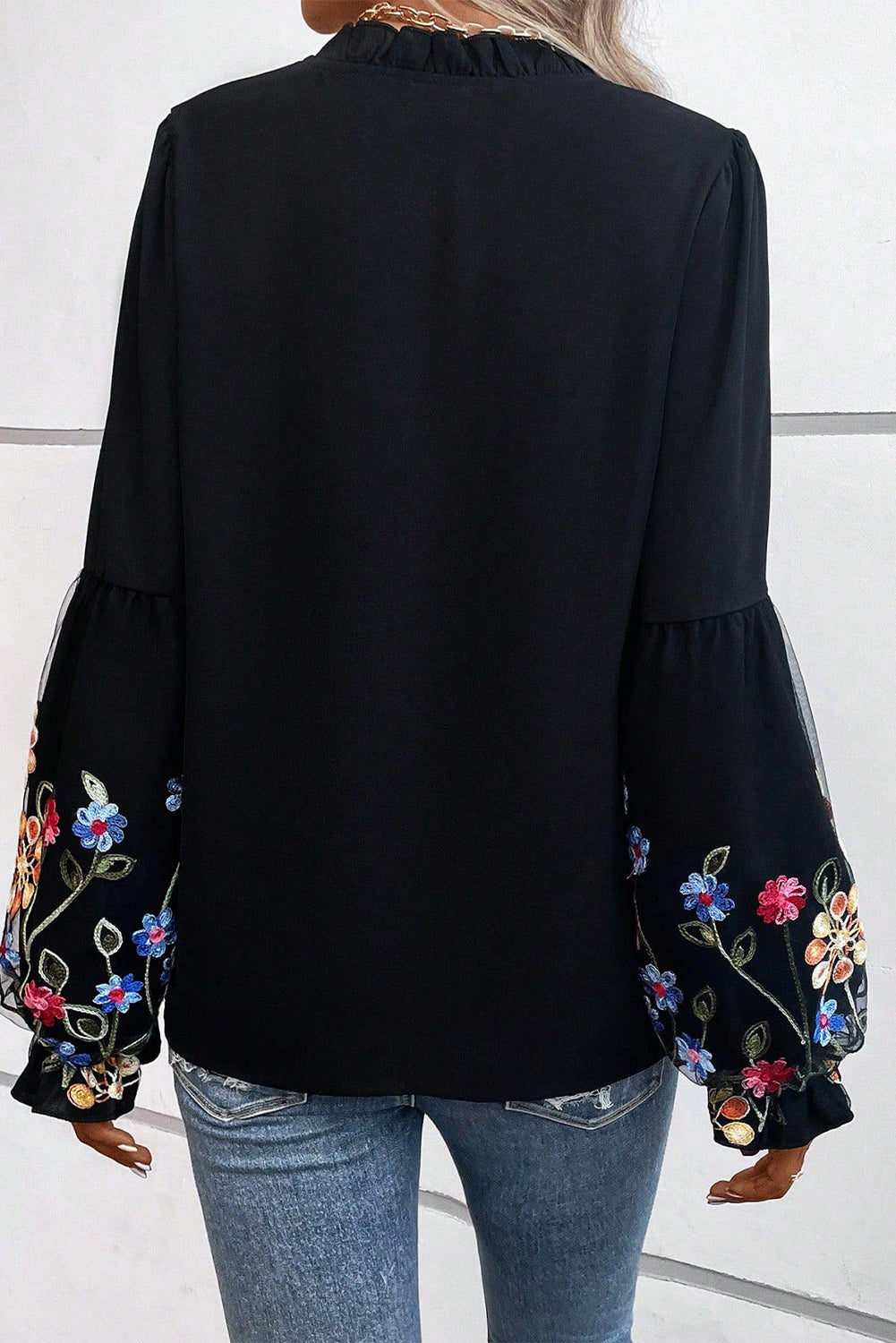 Black Floral Patched Flounce Sleeve Split Neck Blouse Blouses & Shirts JT's Designer Fashion