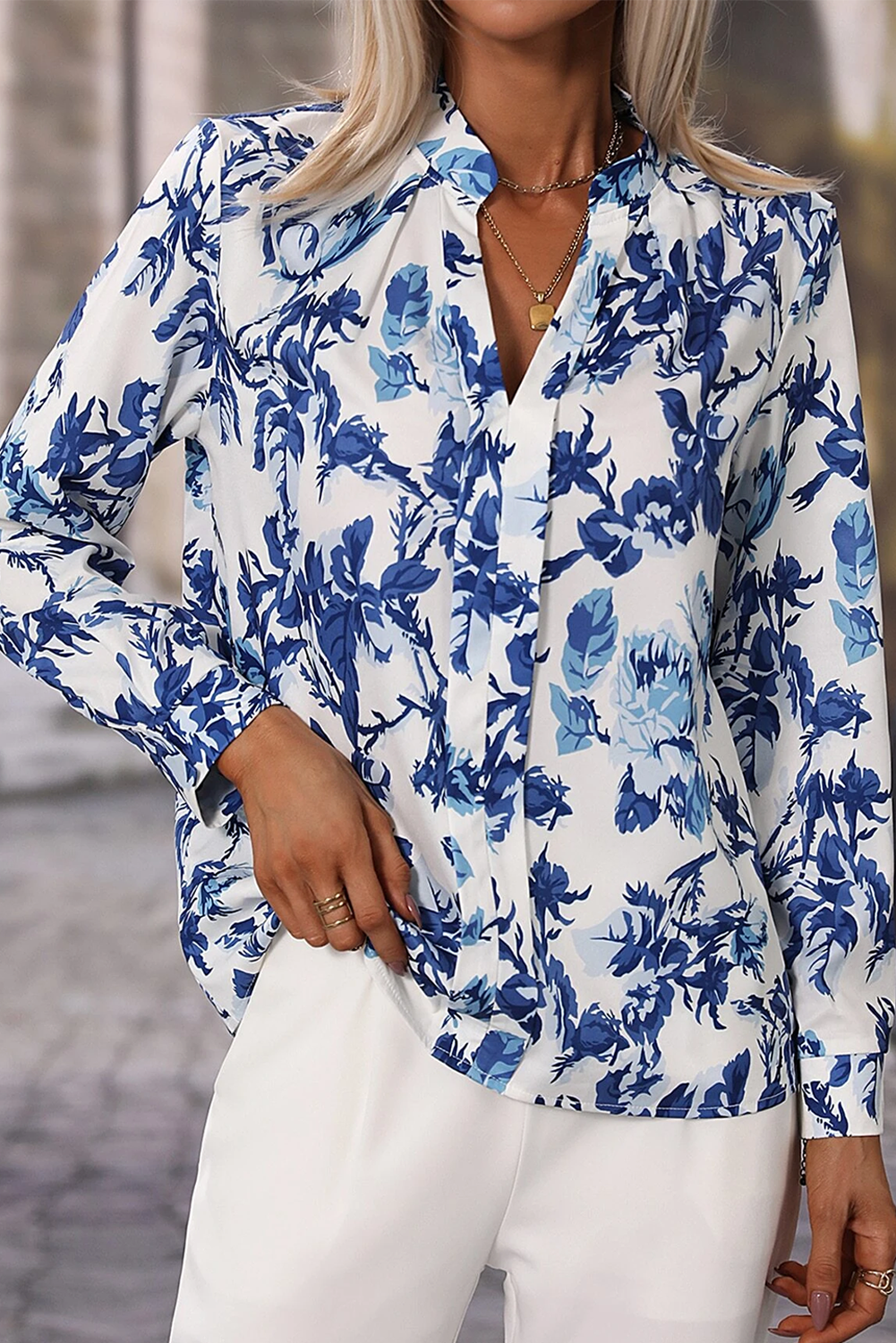 Sky Blue Floral Print Notched Neck Elegant Blouse Blouses & Shirts JT's Designer Fashion