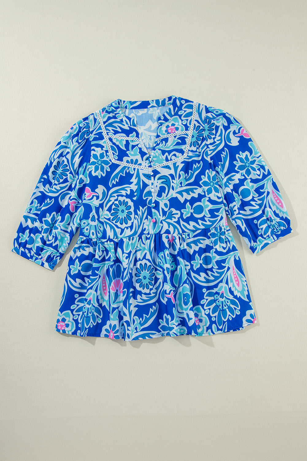 Blue Mix Floral Printed Lace Detail Bracelet Sleeve Blouse Blouses & Shirts JT's Designer Fashion