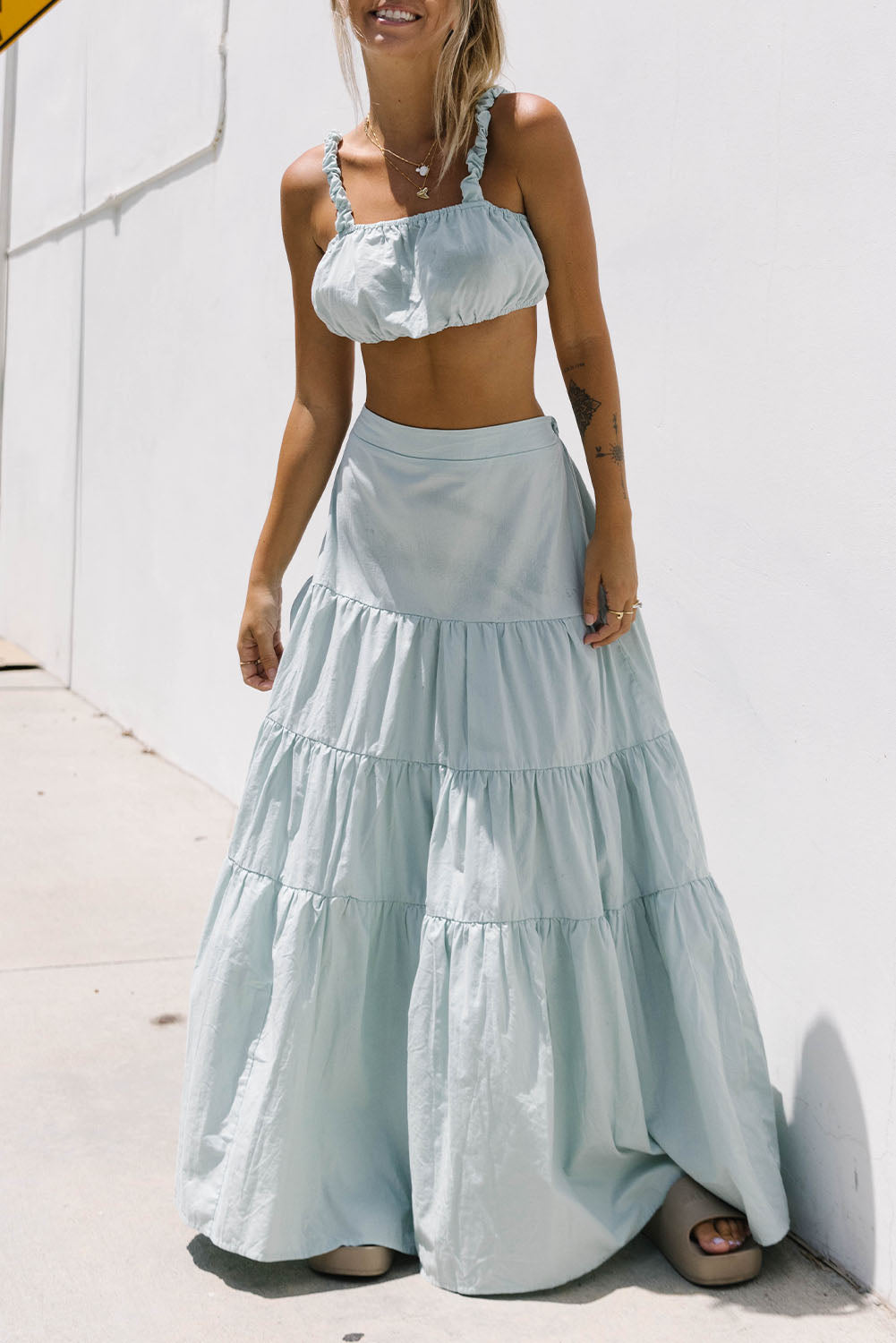 Sky Blue 2pcs Solid Color Crop Top Tiered Maxi Skirt Set Two Piece Dresses JT's Designer Fashion