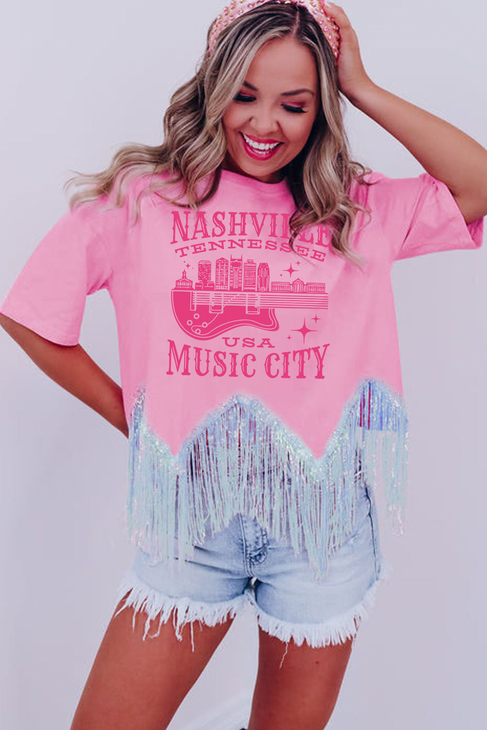 Pink NASHVILE MUSIC CITY Graphic Sequin Fringed Hem Tee Graphic Tees JT's Designer Fashion