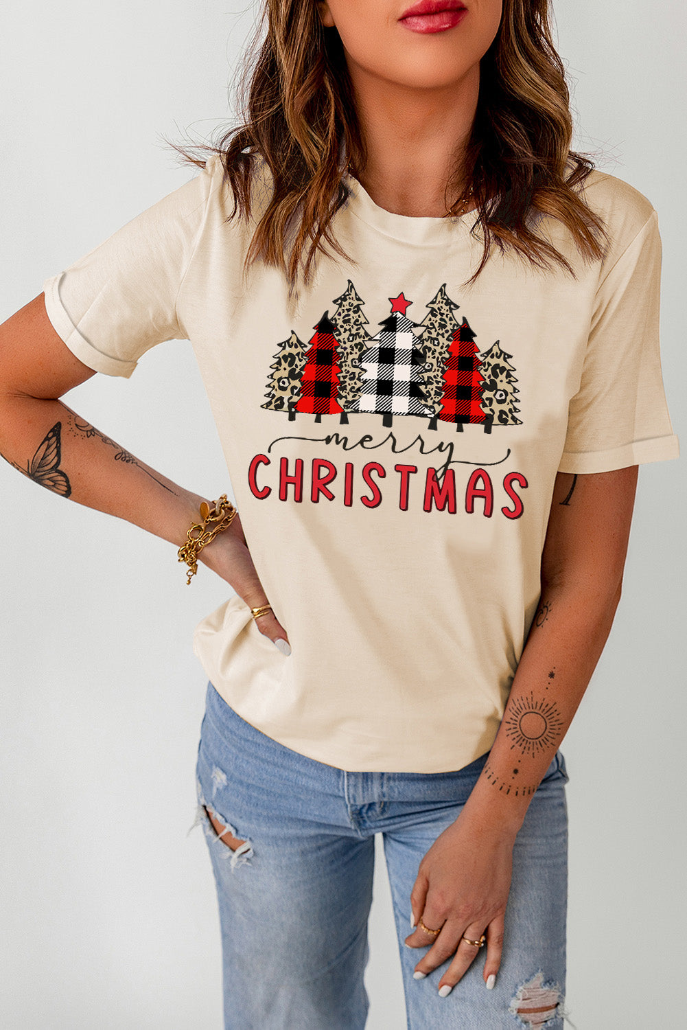 Khaki Plaid Leopard Merry Christmas Tree Graphic Tee Graphic Tees JT's Designer Fashion