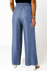 Sky Blue Side Pockets Frilled Smocked High Waist Wide Leg Jeans Bottoms JT's Designer Fashion